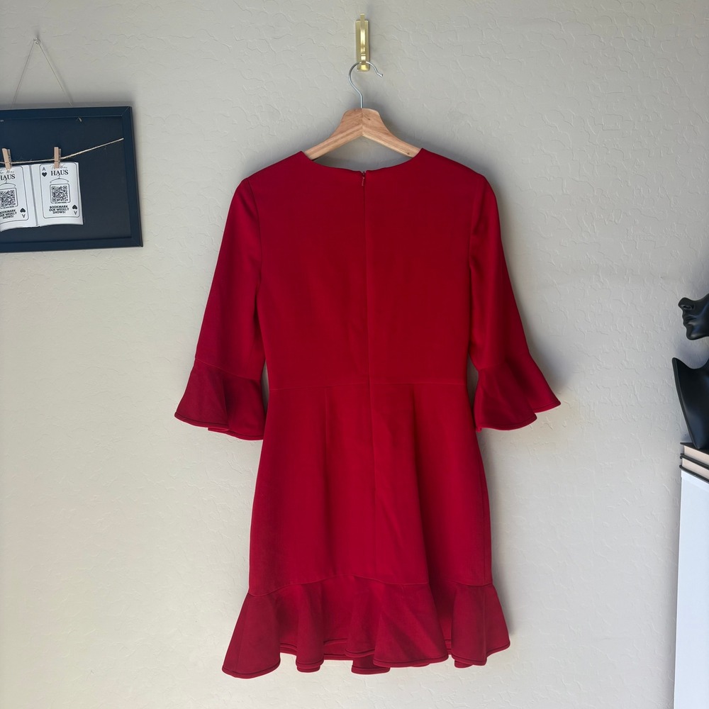 NEW Black Halo Dress Brooklyn Red Bell Sleeve Ruffle Hem Sheath Dress Size 4 - Picture 6 of 8